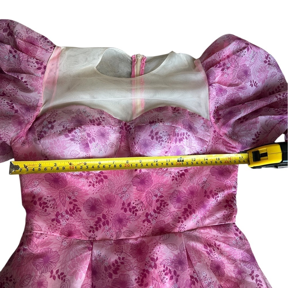 Dreamy Pink Floral Puff-Sleeve Midi Dress | Decorative Buttons | Size Small - Picture 11 of 16